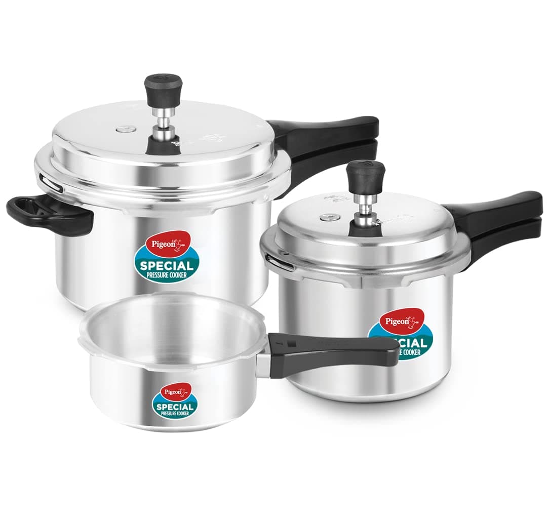 Pigeon by Stovekraft Aluminium Pressure Cooker Combo with Non-Induction Base Outer Lid - 2 L, 3 L, 5 L - 12735 (Silver)