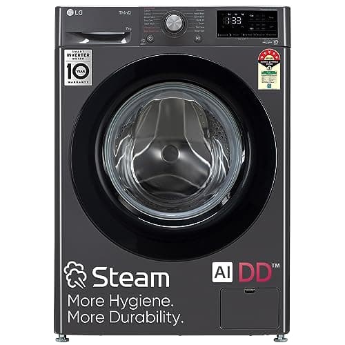 LG 7 Kg 5 Star Inverter Fully-Automatic Front Loading Washing Machine with Inbuilt heater (FHV1207Z2M, Middle Black with Black Door, AI DD Technology & Steam for Hygiene)