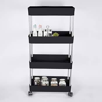 Leaffybezz 4 Step Slim Rack Shelf with Wheels-Plastic Trays with Stainless Steel Support-Kitchen Storage Trolley-Multipurpose Space Saver Organizer-On...