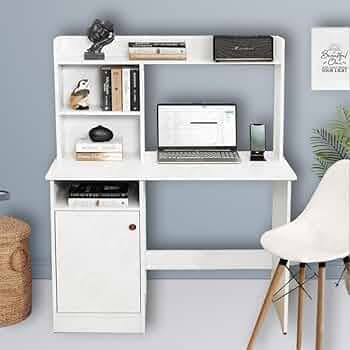 Luxieur Crafts Computer Study Table with Hutch & Storage Drawer Home & Office Desk Engineering Wood Table for Writing Table Desk (White Mate - L 100 x...