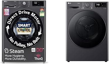 LG 9 Kg Fully-Automatic Front Load Washing Machine (FHP1209Z5M, Middle Black) with 9 Kg Dryer (DHV09SAM, Middle Black)