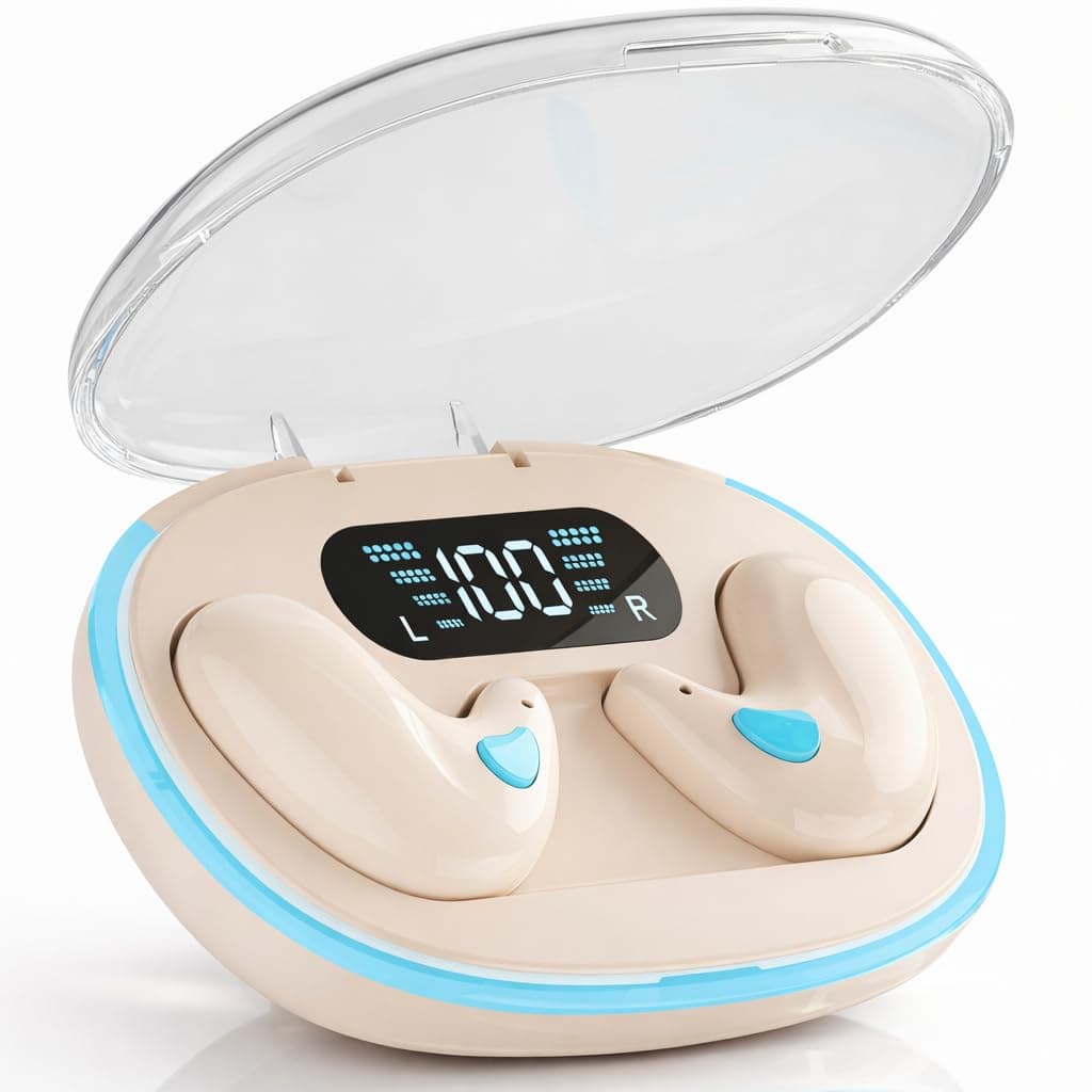 VEHOP S55 OWS Bluetooth Open Ear Wireless Sleeping Earbuds, BT5.4 Headphones, Button Control & Type-C Fast Charging, ENC Call Noise Reduction, Ideal for Sleeping, Meditation and Entertainment. Beige