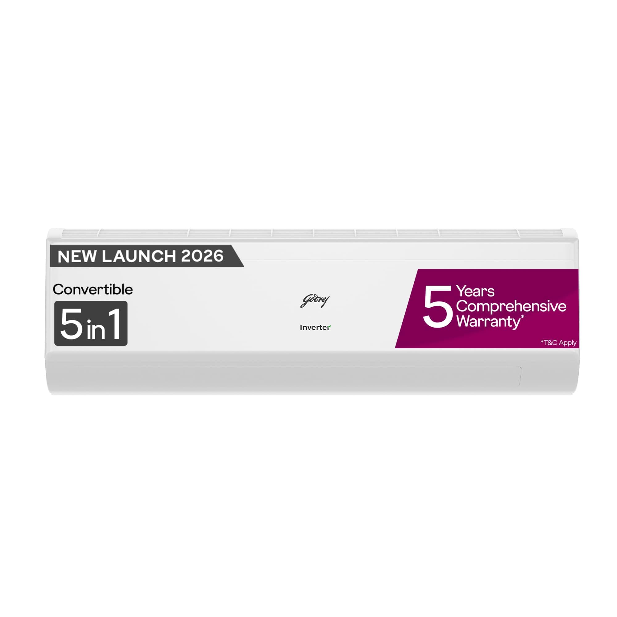 Godrej 1.5 Ton 5 Star,New Star rated, 5 Years Comprehensive Warranty, AI powered, 5-In-1 Convertible Cooling Inverter Split AC (Copper, Heavy Duty Coo...