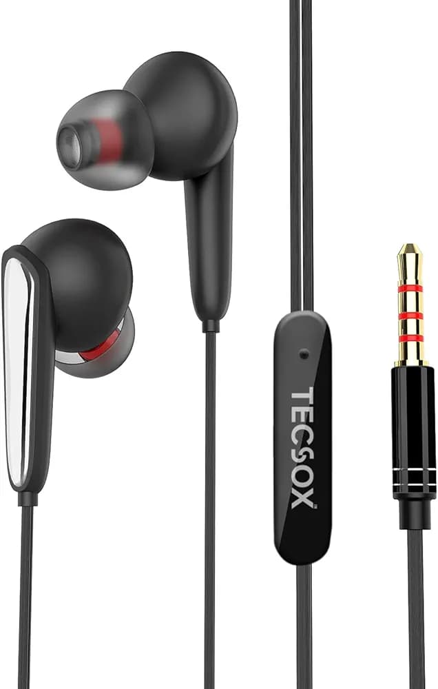 TECSOX BassBuds in Ear Wired Earphones with Mic(High Bass Earphones), 12mm Powerful Driver for Stereo Audio, Noise Isolating Headset with 1m Tangle-Free Cable & 3.5mm Aux (Black)