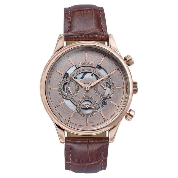 Sonata Wedding Edit Quartz Multifunction Pink Dial Leather Strap Watch for Men