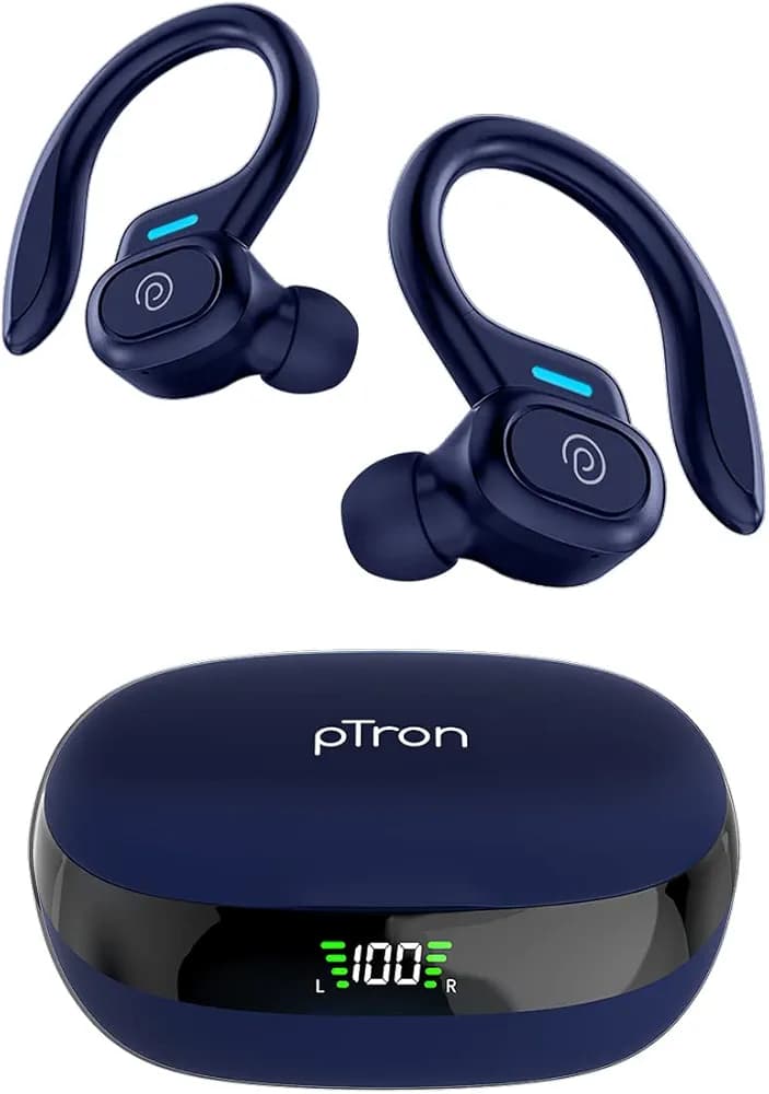 (Renewed) PTron Newly Launched Bassbuds Sports V3 Wireless in-Ear TWS Earbuds with Mic, TruTalk AI-ENC Stereo Calls, Game/Music Modes, 36Hrs Playtime, BT5., Type-C Fast Charging & IPX5 Water Resistant (Blue)