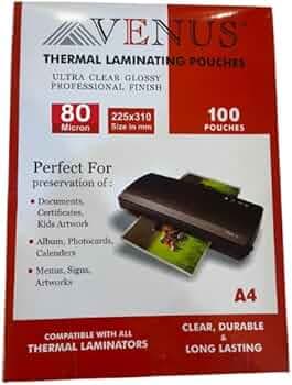 VENUS High Glossy Thermal Laminating Pouch A4 Size (225 x 310 mm) 80 Micron 100 Pcs