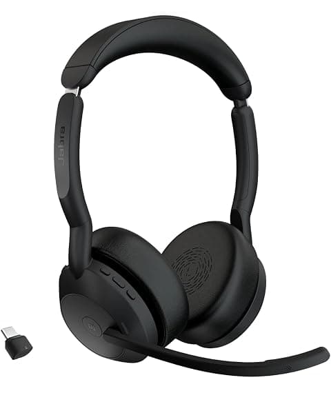 Jabra Evolve2 55 Stereo Wireless Headset Air Comfort Technology, Noise-Cancelling Mics, and Active Noise Cancellation - MS Teams Certified, Works with All Other Platforms - Black