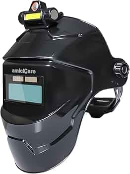amiciCare Solar-Powered Auto-Darkening Welding Helmet, Automatic Dimming Facemask for Welding Grinding with Rechargeable Torch for Day and Night Work