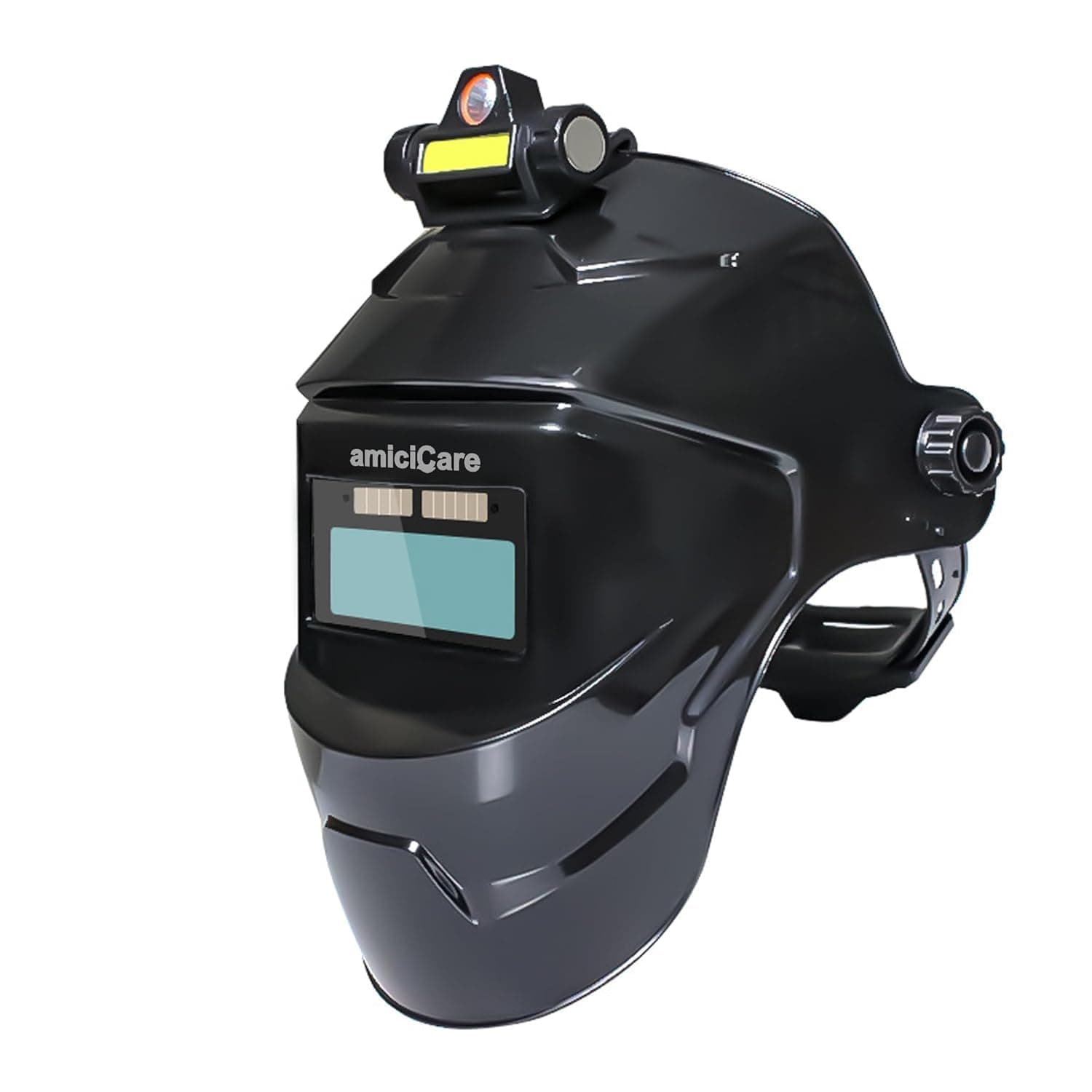 amiciCare Solar-Powered Auto-Darkening Welding Helmet, Automatic Dimming Facemask for Welding Grinding with Rechargeable Torch for Day and Night Work