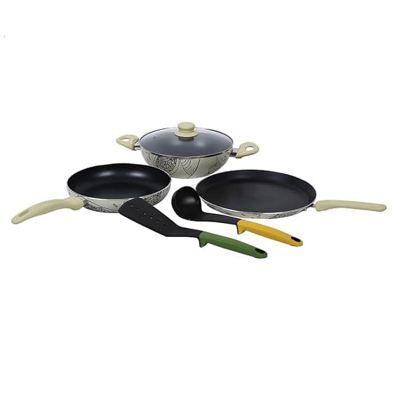 Wonderchef Picasso Induction Base Aluminium Cookware Set, 4-Pieces, Brown/Cream Pot & Pan Sets