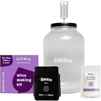 Brudo DIY Home Wine Making Kit - Includes 4 L Jar, Airlock, Sanitiser, Yeast, Yeast Nutrients, Clarifier- All Equipments to Make 5 Bottles of Wine in ...
