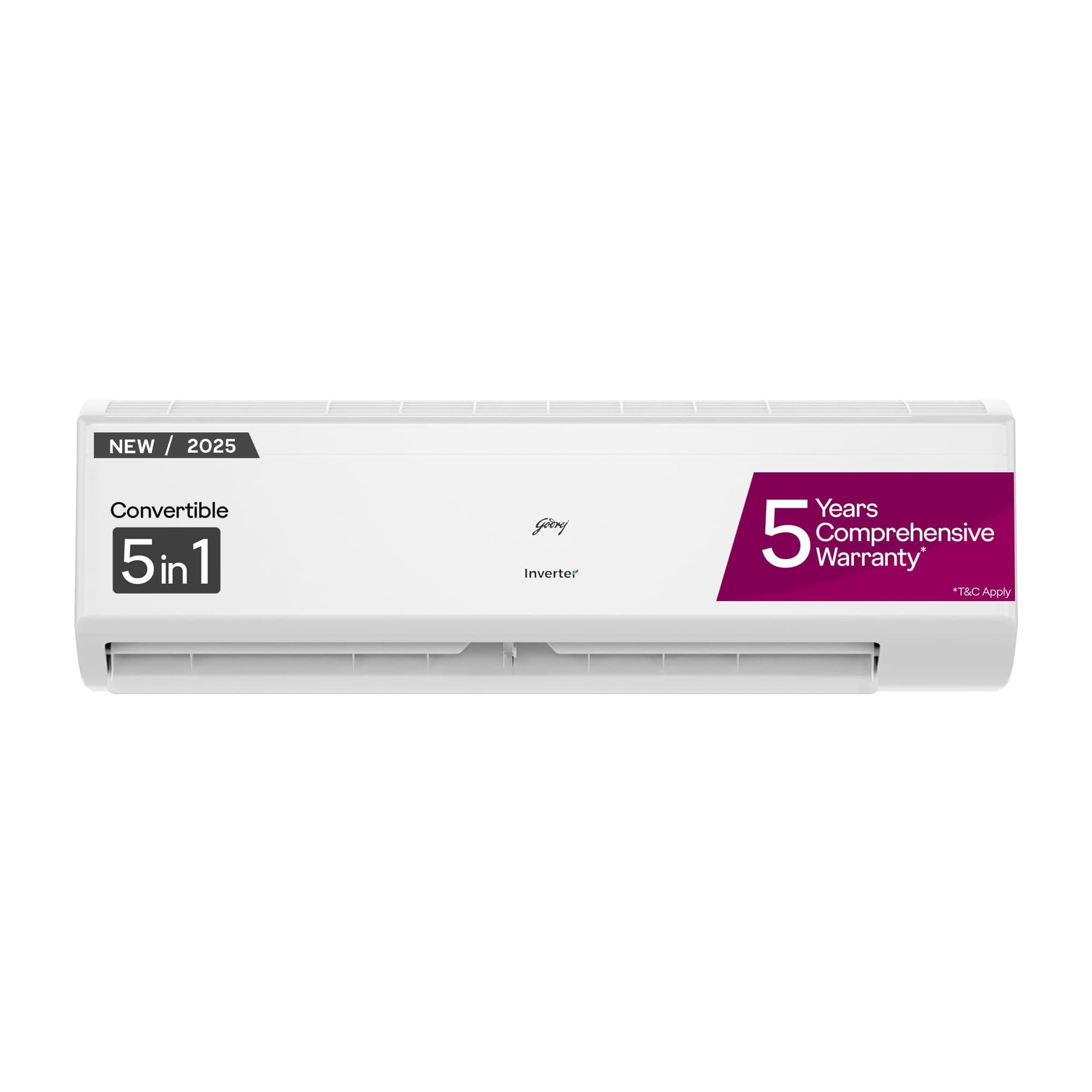 Godrej 1.5 Ton 5 Star, 5 Years Comprehensive Warranty, AI Powered, 5In1 Convertible Cooling, Self Clean, Inverter Split AC (Copper, 2025 Model, Heavy Duty Cooling at 52°C, AC 1.5T EI 18I5T WZR, White)