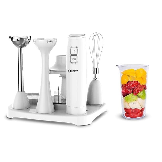 Koryo 6 in 1 Multipurpose Hand Blender with 6 attachments (KHB9567), One: Stainless Steel Hand Blender, Plastic Hand Blender, 600ml Chopper Jar, 550ml