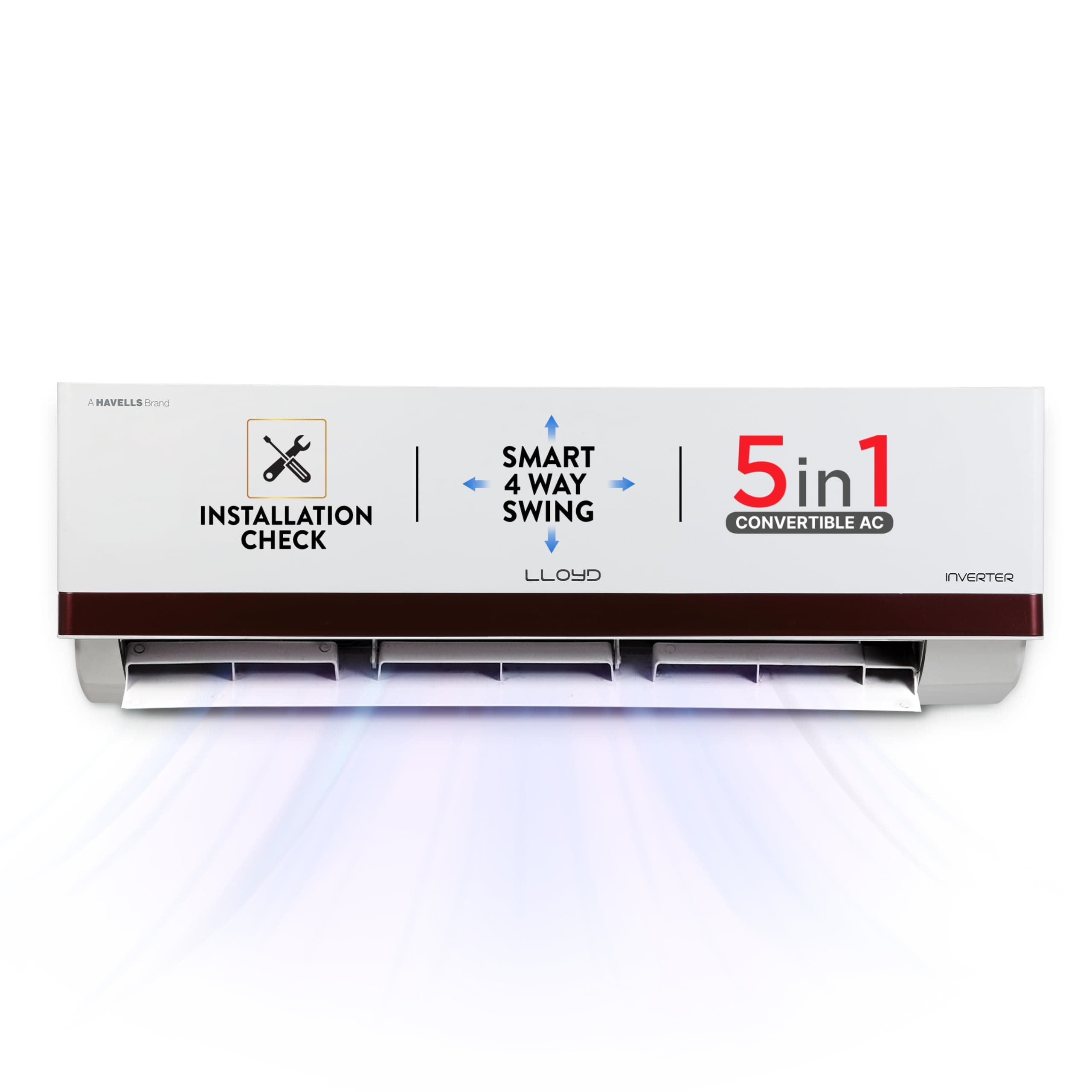 Lloyd 1.5 Ton 5 Star Inverter Split AC (5 in 1 Convertible, Anti Corrosion Coating, Copper, PM 2.5 Filter, White with Chrome Deco Strip, GLS18I5KWEGW)