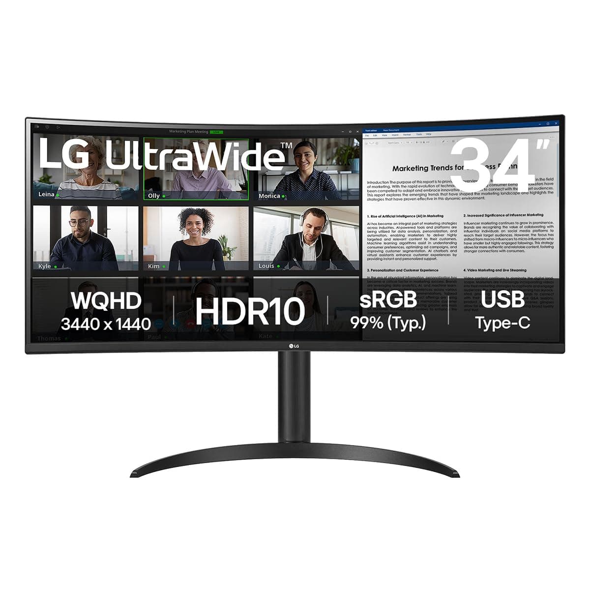 LG 34WR55QK-B- 34 Inch UltraWide QHD(3440x1440) Curved Monitor,100Hz, sRGB 99%, HDR10,Picture By Picture, HDMI X 2, DP,USB Downstream x2, USB-C (65W P...