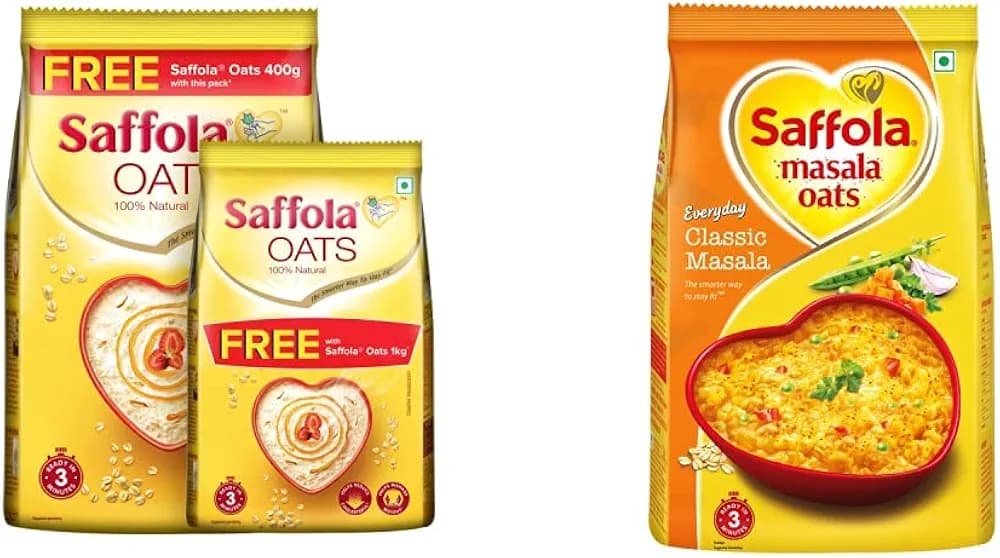 Saffola Oats, Rolled Oats, Delicious Creamy Oats, 100% Natural, High Protein & Fibre, Healthy Cereal, 1Kg with 400g Free & Saffola Masala Oats, Tasty Evening Snack, Classic Masala, 500g