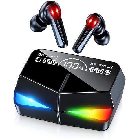 TEZON M28 Wireless Gaming TWS Earbuds, Black, in-Ear with RGB LED Digital Display Charging Case, Low Latency Mode, Touch Control, IPX5 Water Resistant, Built-in Mic