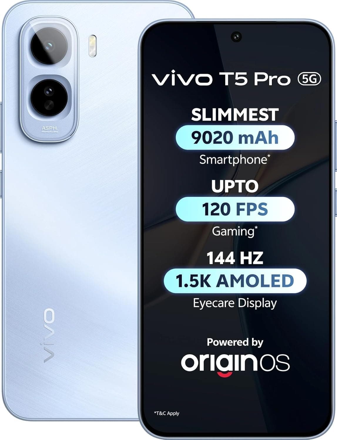 vivo T5 Pro 5G (Glacier Blue, 8GB RAM, 256GB Storage) | Snapdragon 7s Gen 4 Processor | 50MP AI Dual Camera | 6.83" AMOLED 144Hz Display | 9020mAh Bat...