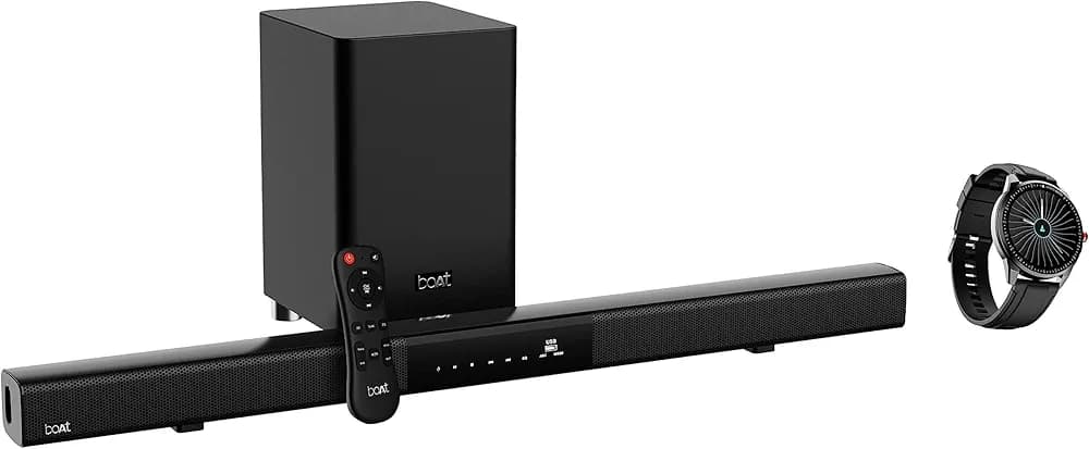 boAt Aavante Bar 1750 2.1 Channel Bluetooth Soundbar with 120W RMS Signature Sound, Wireless Subwoofer & Flash Edition Smart Watch with Activity Tracker, Multiple Sports Modes