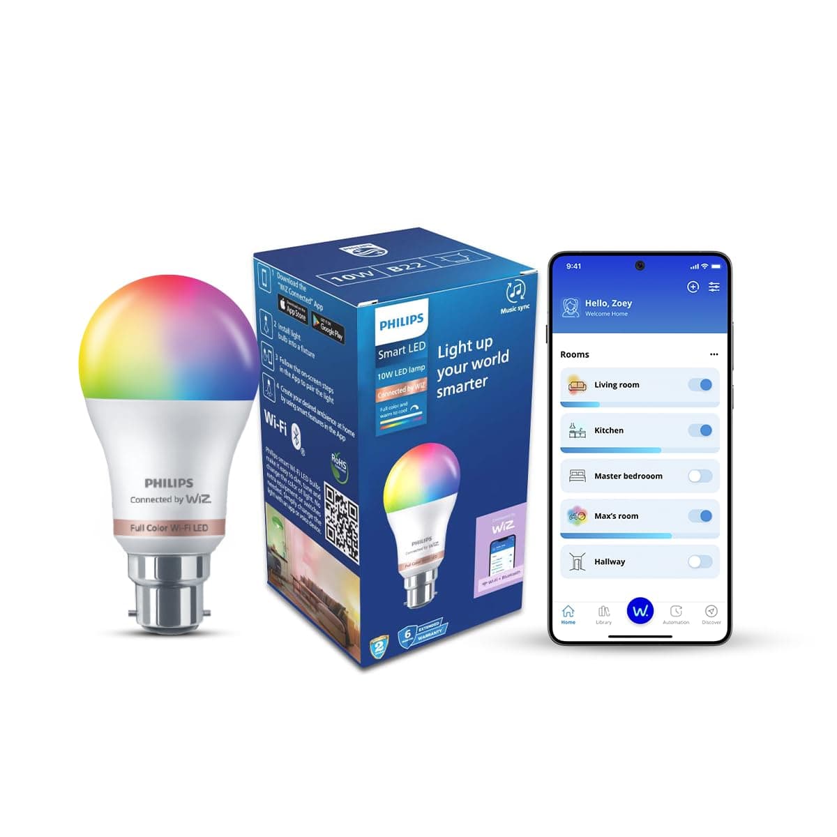 Philips Wiz Smart WI-Fi LED Bulb B22 10-Watt,16 Million Colors , Compatible with Amazon Alexa and Google Assistant- (Pack of