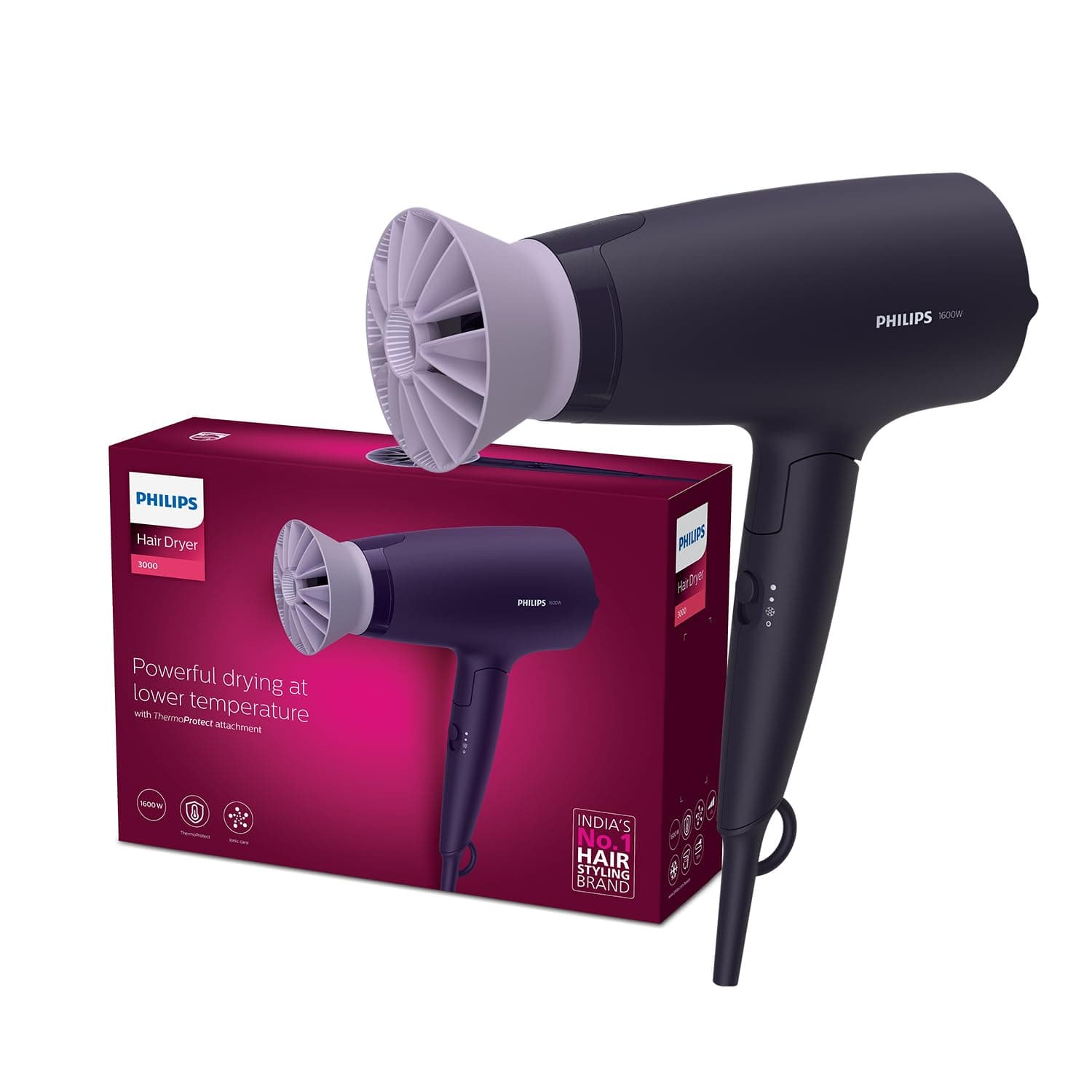 Philips Hair Dryer BHD318/00 1600 Watts Thermoprotect AirFlower Advanced Ionic Care 3 Heat & Speed Settings to Give Frizz Free Shiny Hair-Purple
