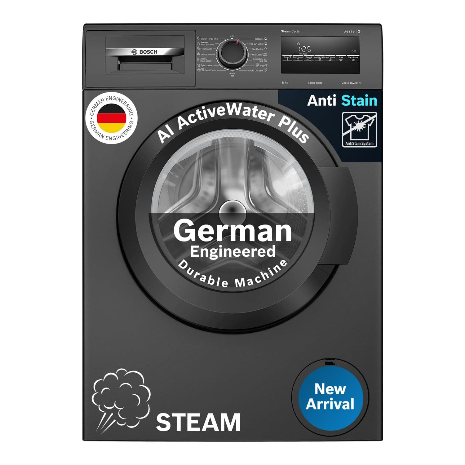 Bosch 8 kg 5 Star Fully-Automatic Front Loading Washing Machine (WAJ2826CIN, Black Grey, AI active water plus, In-Built Heater)