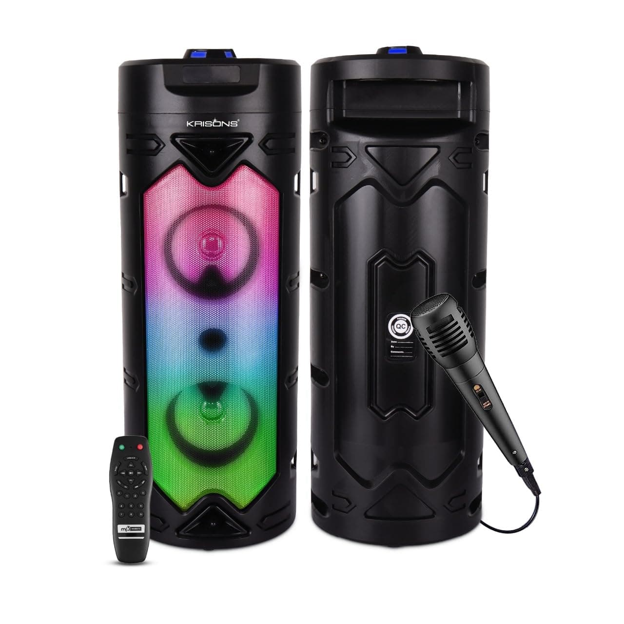 Krisons Cylender 333 Double 4" Woofer 50 W Multi-Media Bluetooth Party Tower Speaker with Wired Mic for Karaoke,in Built Digital Display,RGB Lights, U...