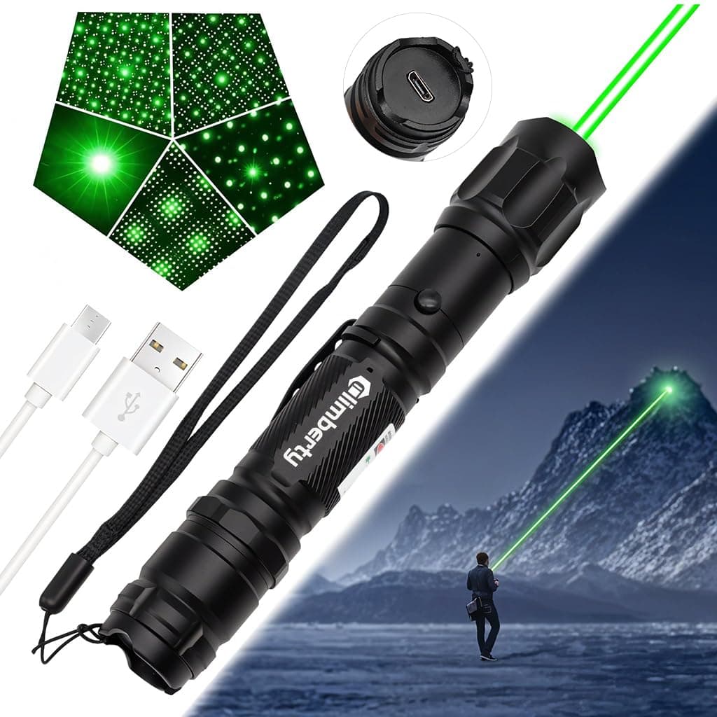 Climberty® Powerful LED Green Laser Pointer, Waterproof Flashlight, 10000m Long Range, USB Rechargeable, 8 Pattern Projection Suitable for Stargazing Teaching Hiking and Construction Sites