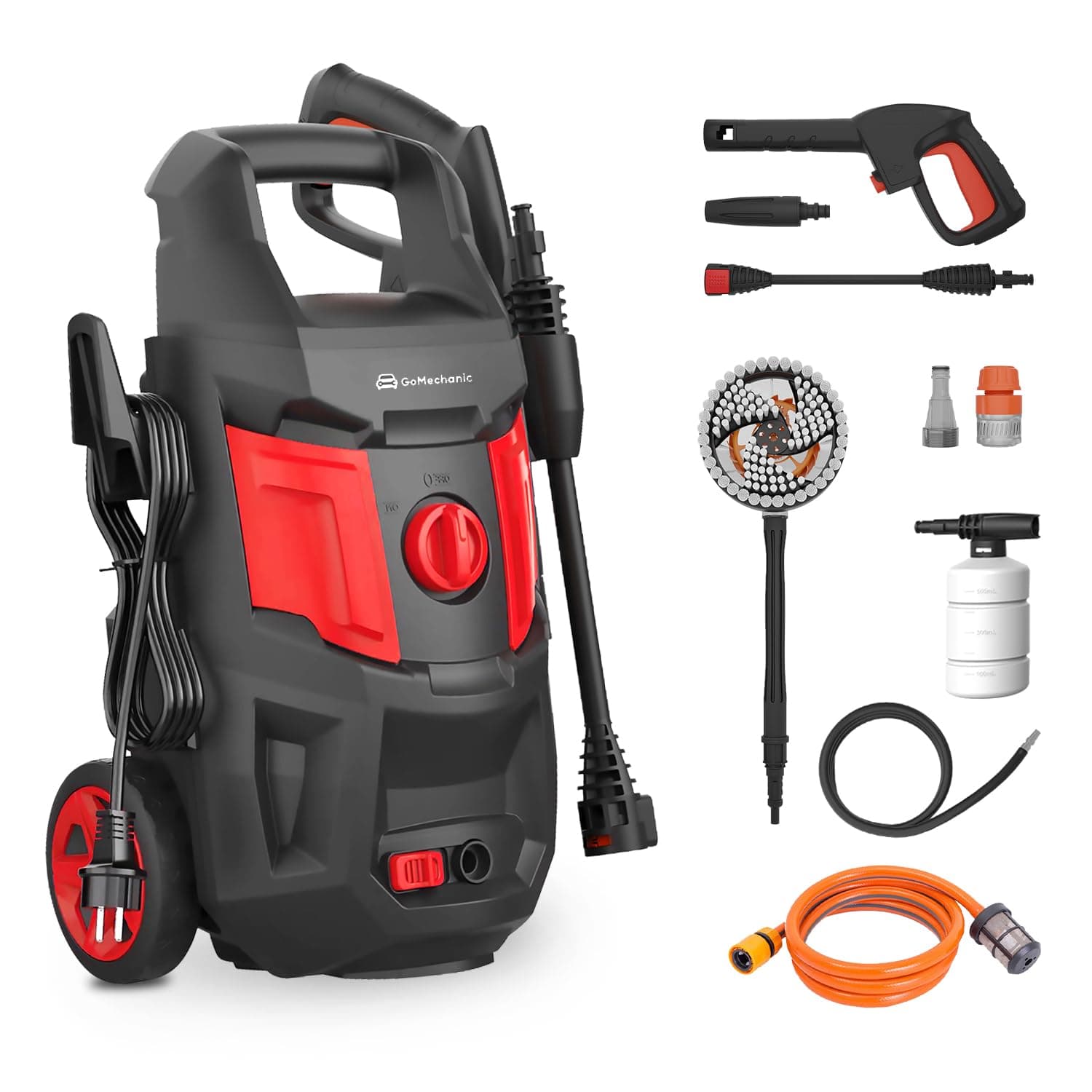 GoMechanic High Pressure Car Washer Pump, 2200 Watts Motor, 200 Bars Pressure, 7.5L/Min Flow Rate, 5m Outlet Hose, Upright Design with Wheels for Car,...
