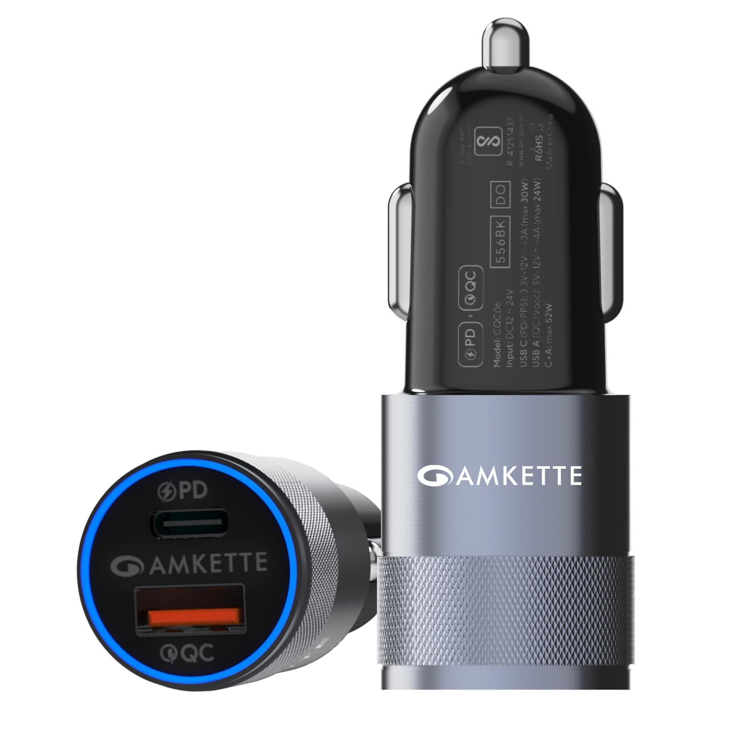 Amkette PowerPro 52W Car Charger Type C + USB A Dual Port | Universal Fast Charging | Smart Adaptive Charging | Smartphone, Tablet & Laptop Compatibil...