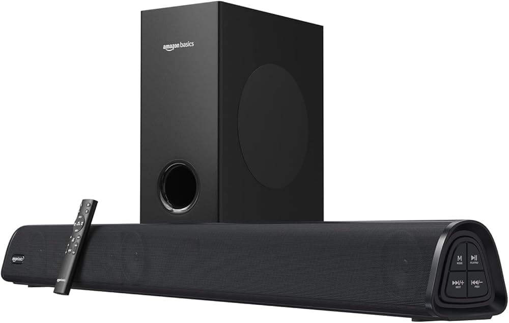 amazon basics C80SW Soundbar with Wired Subwoofer, 80W RMS, 2.1 Channel, Remote Control, BT v5.3, HDMI (ARC), Optical, Aux, USB, Compatible with TVs, ...