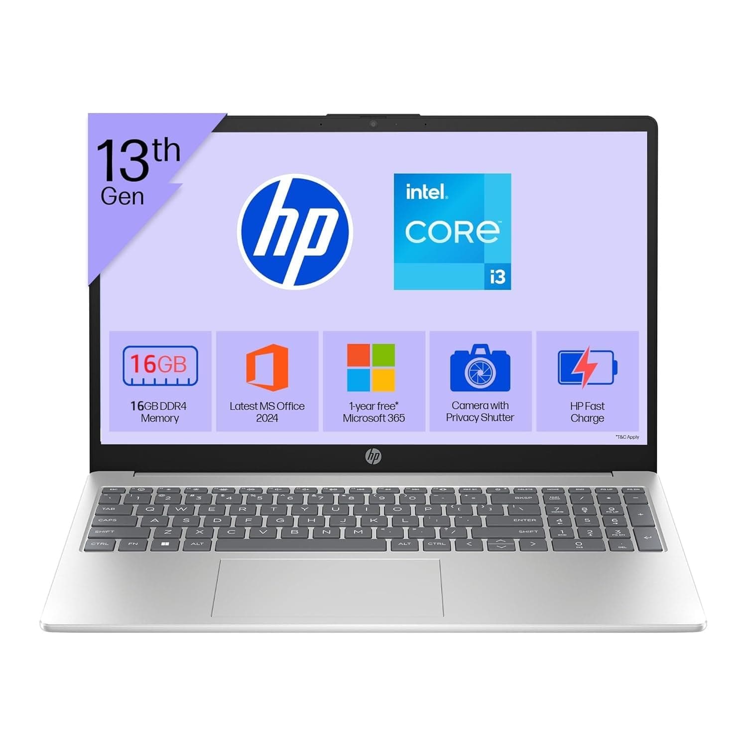 HP 15, 13th Gen Intel Core i3-1315U Laptop (16GB DDR4,512GB SSD) Anti-Glare, Micro-Edge,15.6' FHD, Win11,MS Office Home24, Silver,1.59kg, FHD Camera w...