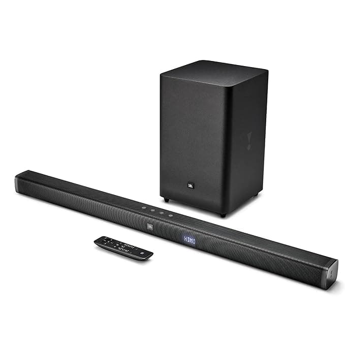 JBL Bar 2.1 by Harman Soundbar with Wireless Subwoofer (300 Watts, 4 Woofers, Dolby Digital, Surround Sound) Multimedia Speaker Systems