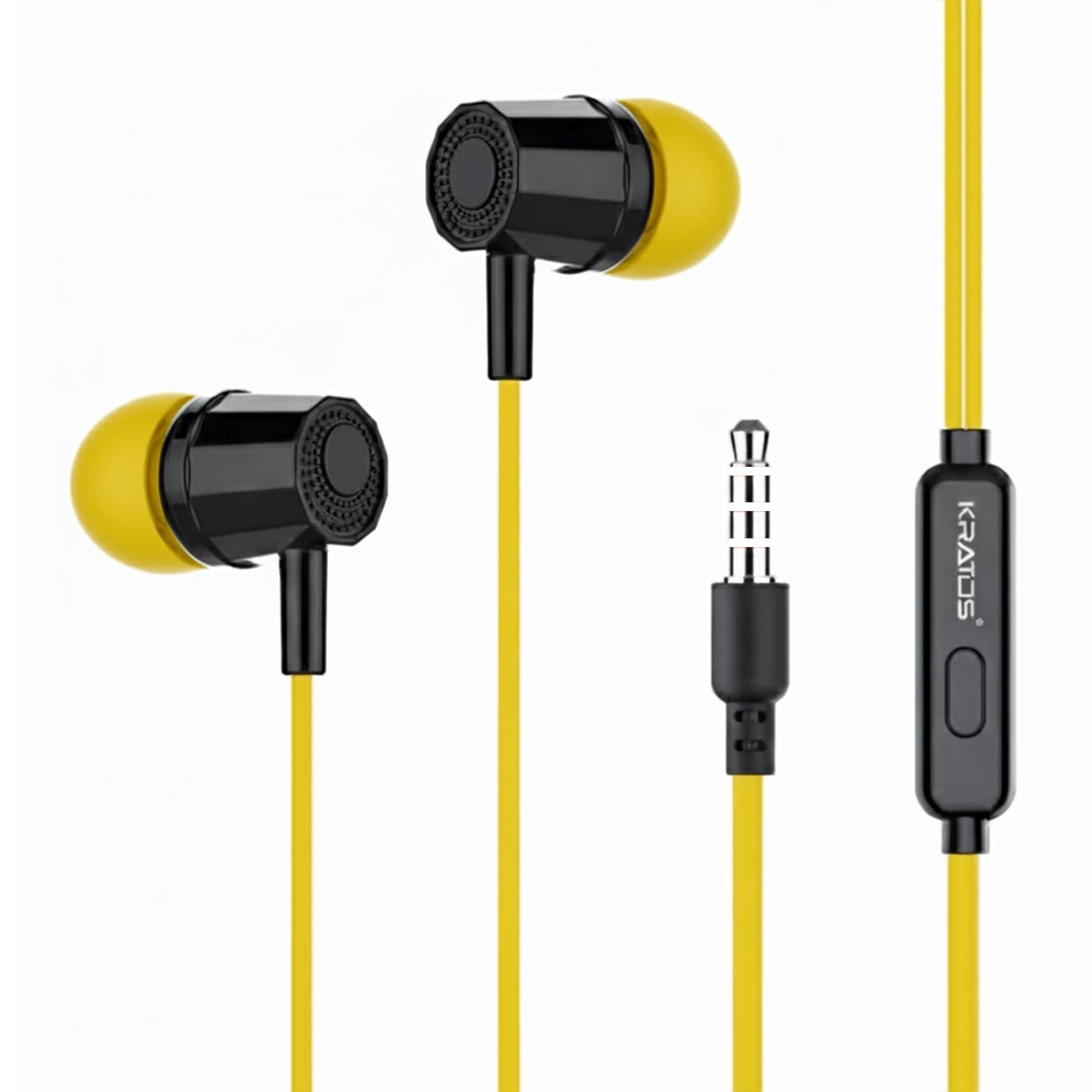 Kratos E02 Yellow Wired Earphones with 3.5mm Jack Inline Mic Control for Clear Calling & Music, Multi-Functional Controller,Sweat Resistant,Comfort Fi...