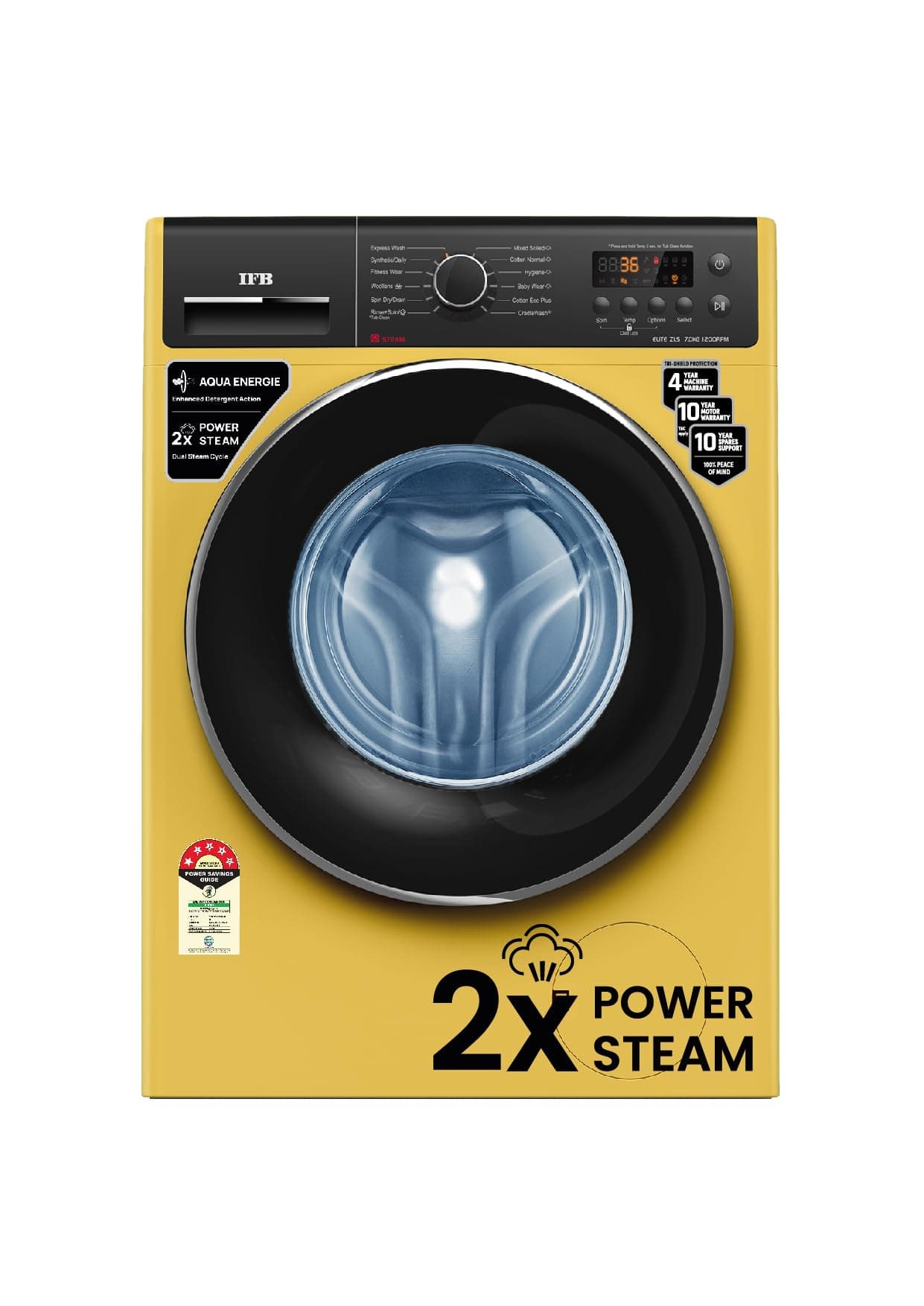 IFB 7 Kg 5 Star Front Load Washing Machine 2X Power Dual Steam (ELITE ZLS 7012, Yellow, Active Colour Protection, Hard Water Wash)