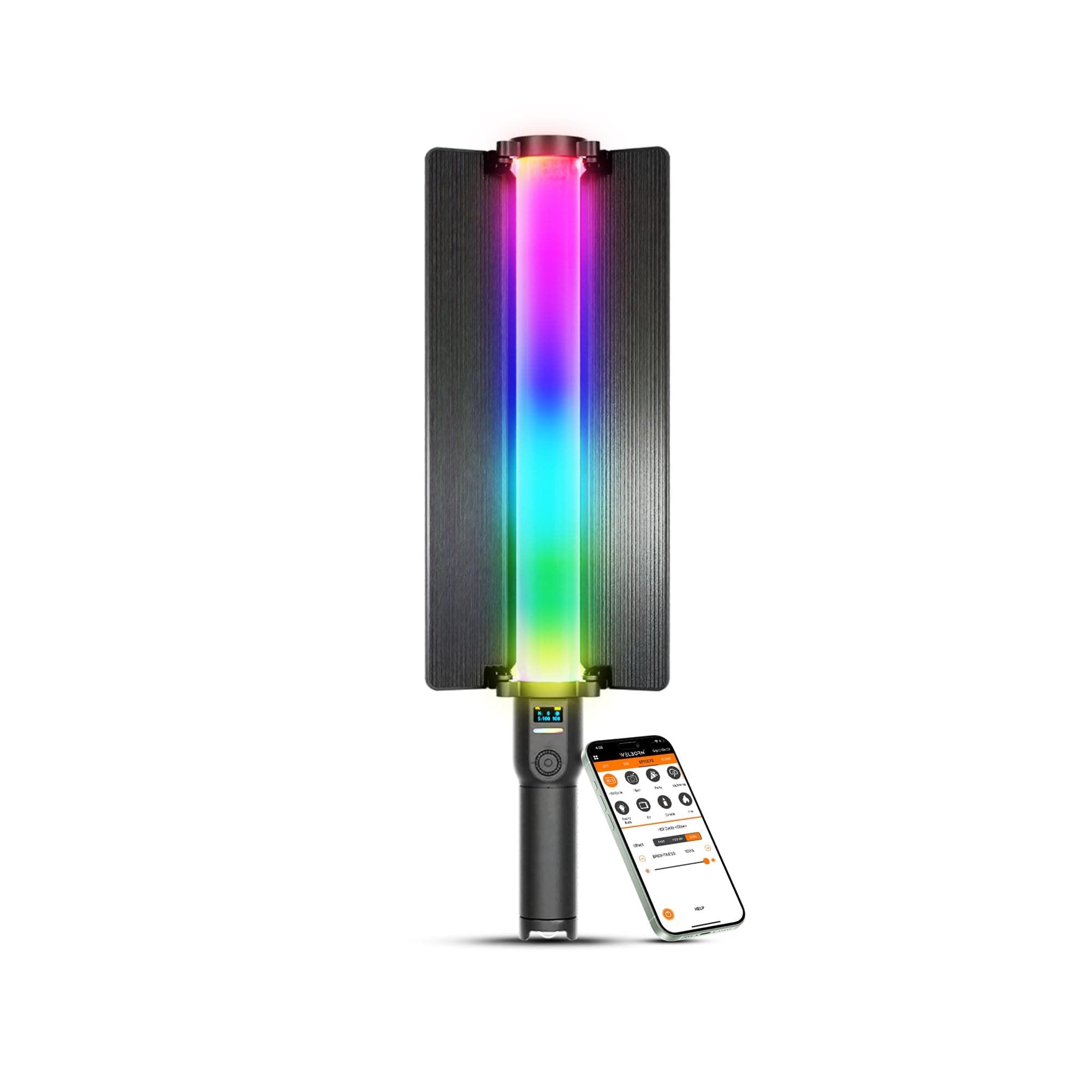 Welborn SL500R-60W RGB LED Light Stick | 60W Handheld Portable Wand with App Control, 5200 mAh Built-in Battery, Barn Doors | RGB, 2700K-7500K Adjusta...
