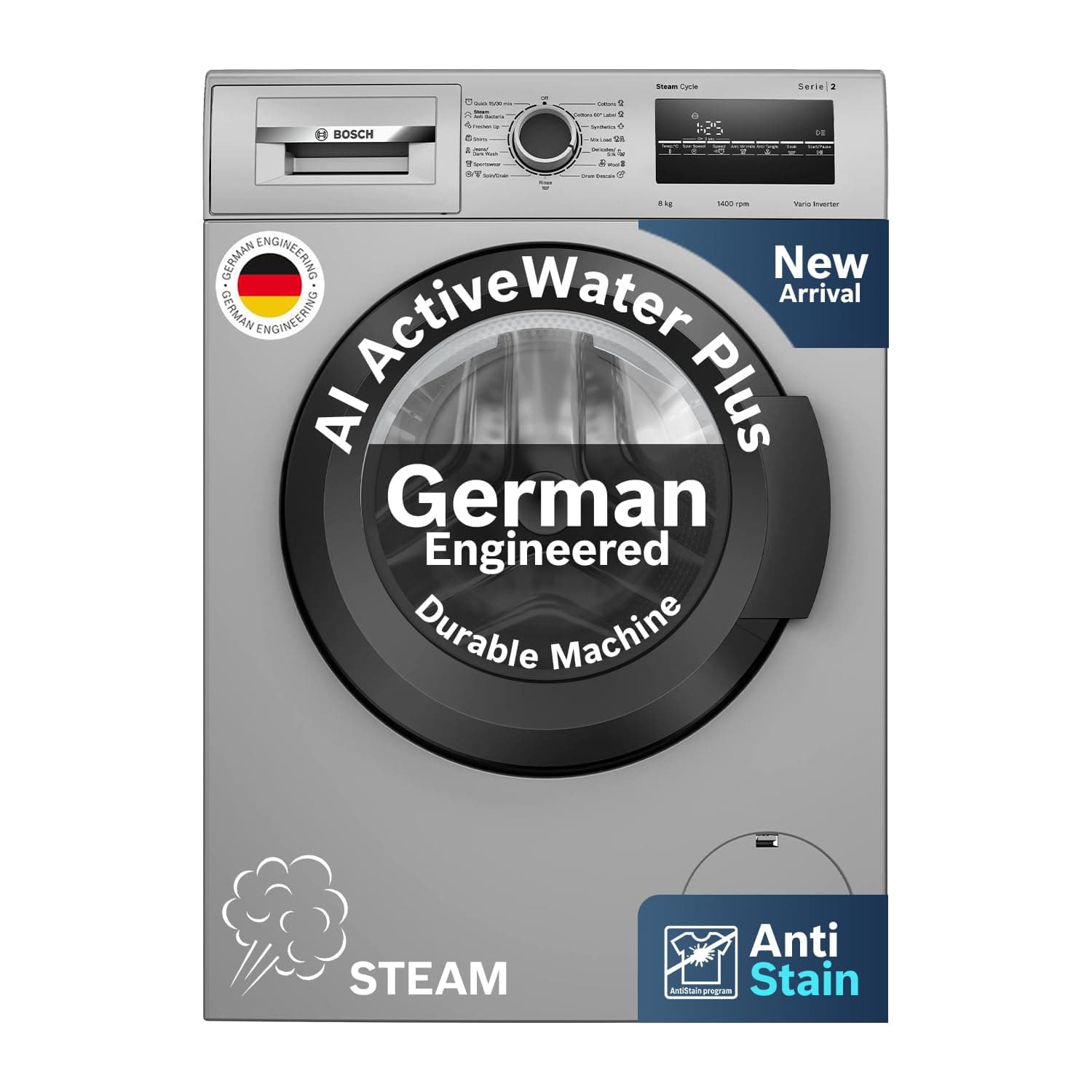 Bosch 8 kg 5 Star Fully-Automatic Front Loading Washing Machine (WAJ2826BIN, Silver, AI active water plus, In-Built Heater)