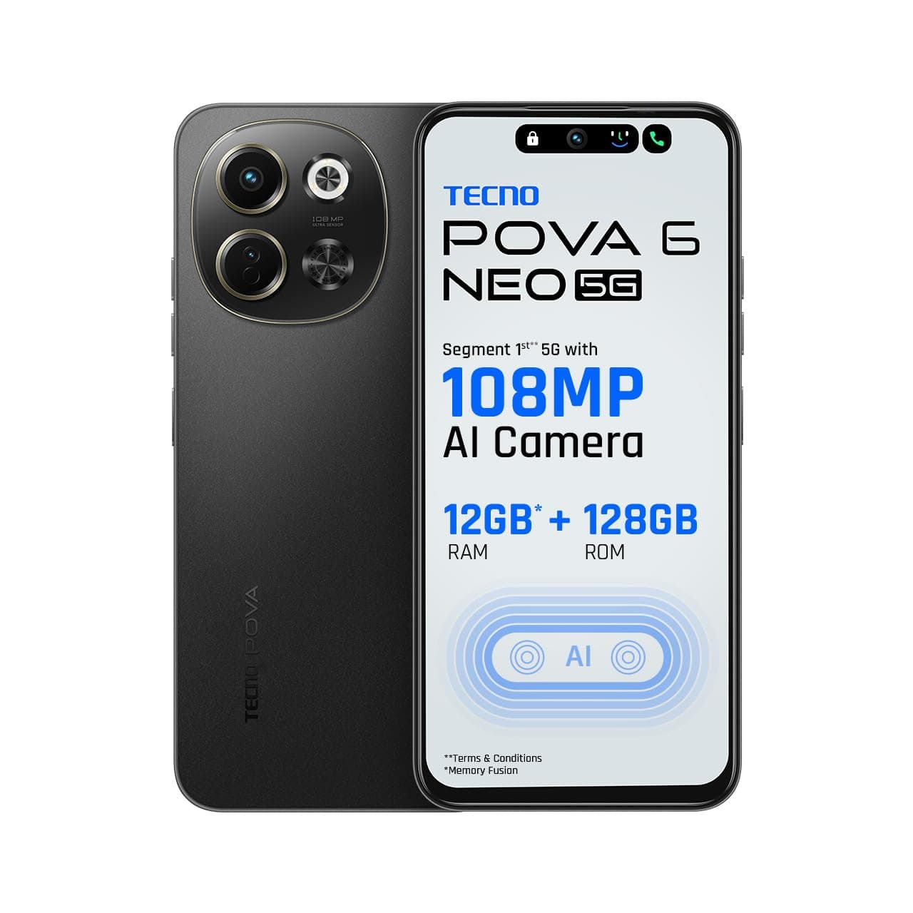 TECNO POVA 6 NEO 5G (Midnight Shadow, 6GB+128GB) | Advanced AI Features | 108MP Ultra Clear AI Camera | D6300 Powerful Processor | 5 Year Lag Free Flu...