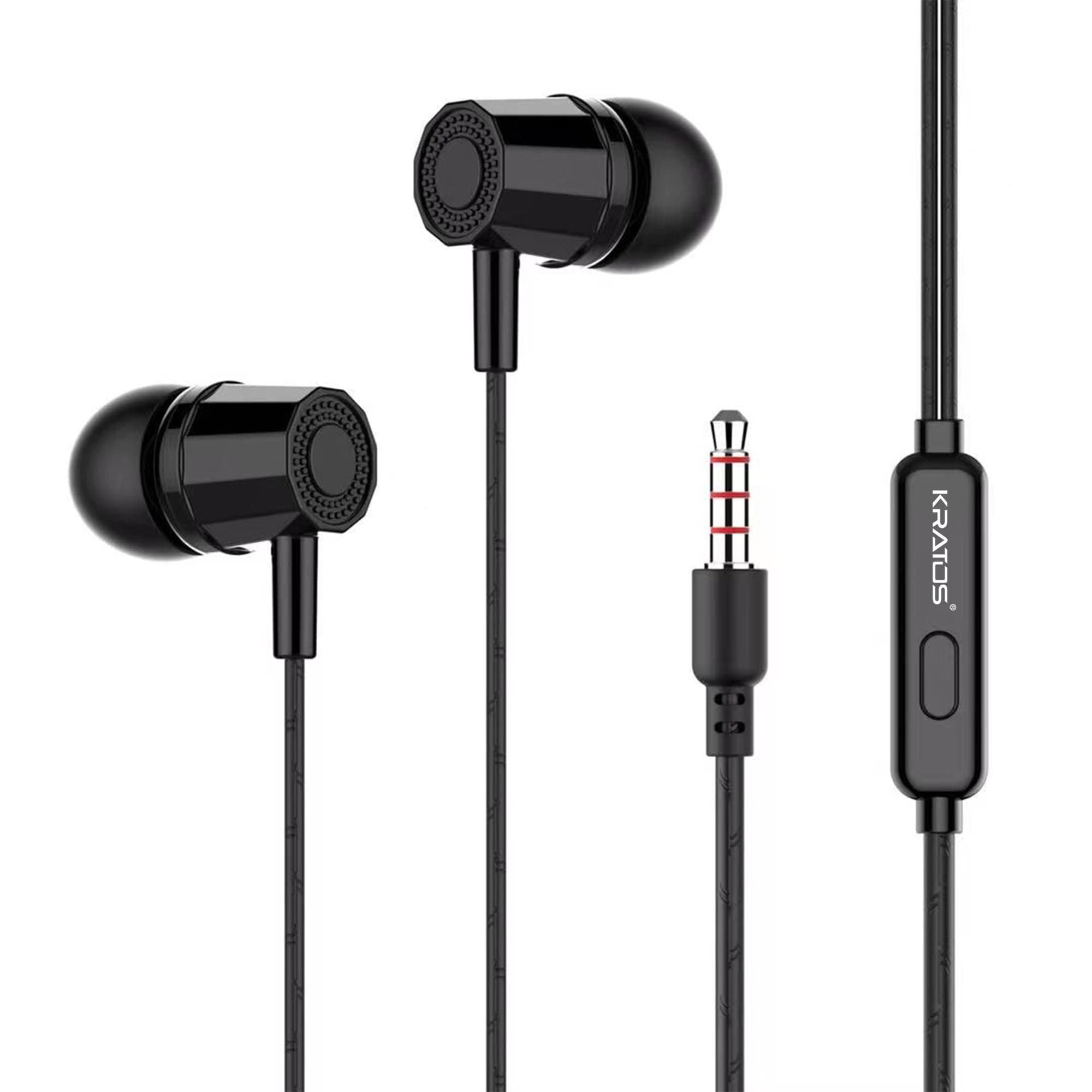 Kratos E02 Black Wired Earphones with 3.5mm Jack in-line Mic Control for Clear Calling & Music, Multi-Functional Controller,Sweat Resistant,Comfort Fi...