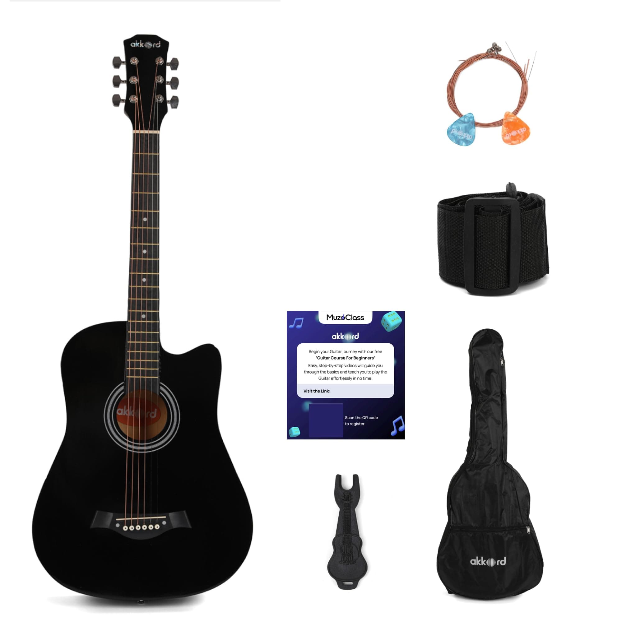 Akkord 38 Inch Acoustic Cutaway Guitar Kit with Gigbag, Strings, Picks, Strap and Key - Glossy Black | Complete Guitar Kit for Beginners with Free course