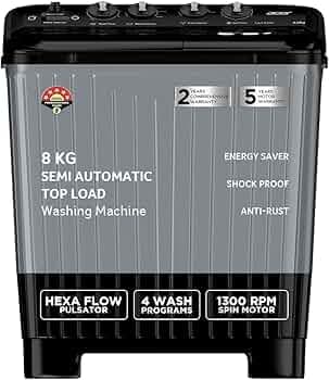 Acer 8.0 Kg 5 Star Semi-Automatic Top Loading Washing Machine(AR80SAMBGL124D, Black-Grey, 4 Wash Programs, Hexa Flow Pulsator, Advanced Lint Filter)