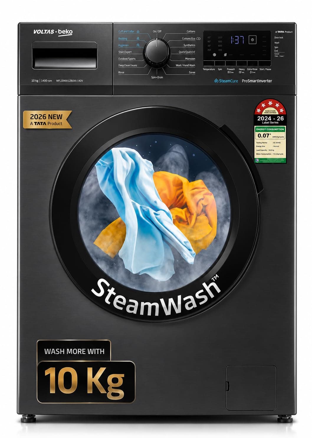 Voltas Beko, A Tata Product 10 Kg 5 Star Inverter Quick wash Fully-Automatic Front Loading Washing Machine (WFL1014B7JVBKA / AXV, Anthracite, In buit ...