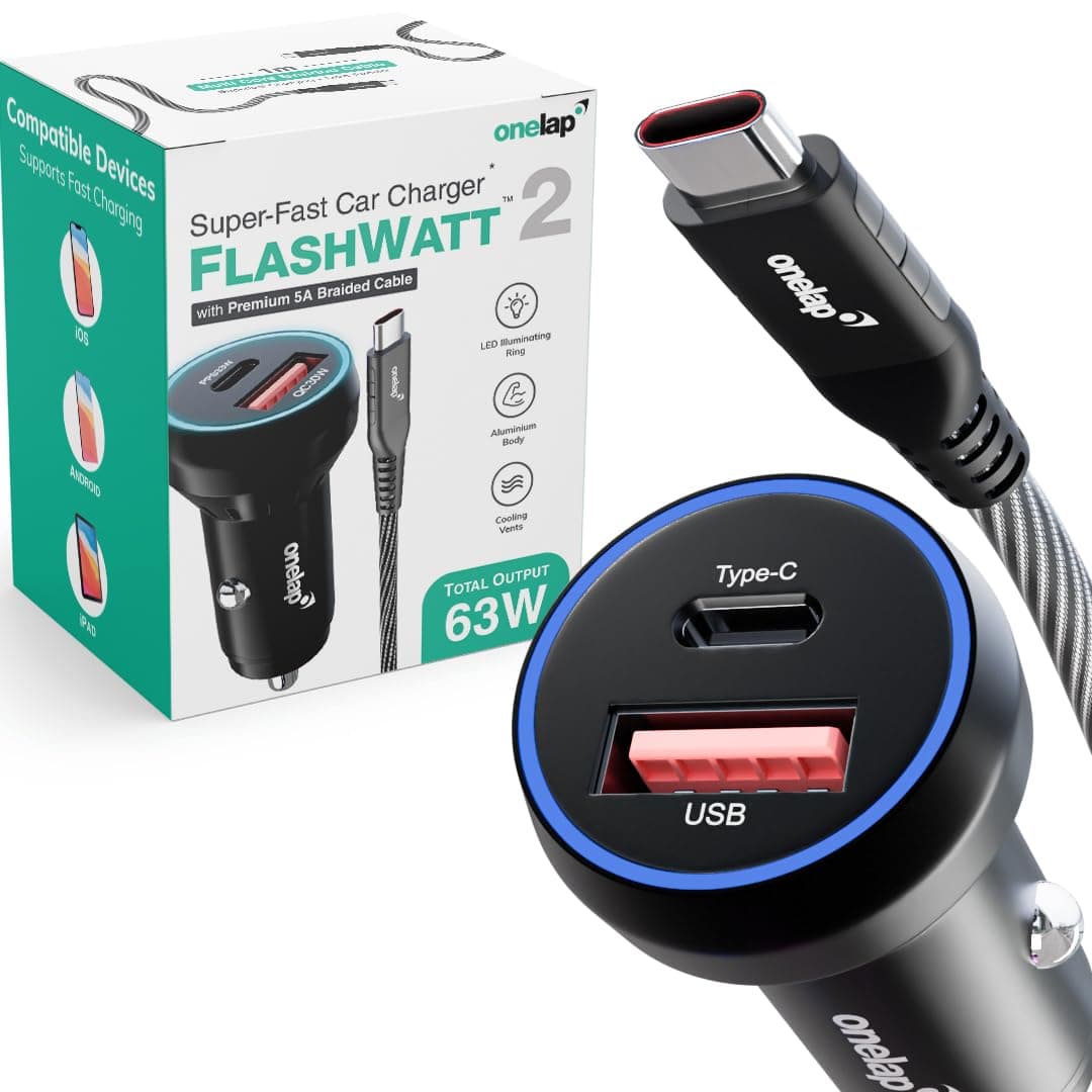 Onelap FlashWatt 2 - 63W Car Charger QC 4.0+ with E-Marker 100W Type C Cable | Unbreakable Aluminium Alloy | Multicore Braided Cable | iPhones | Smart...