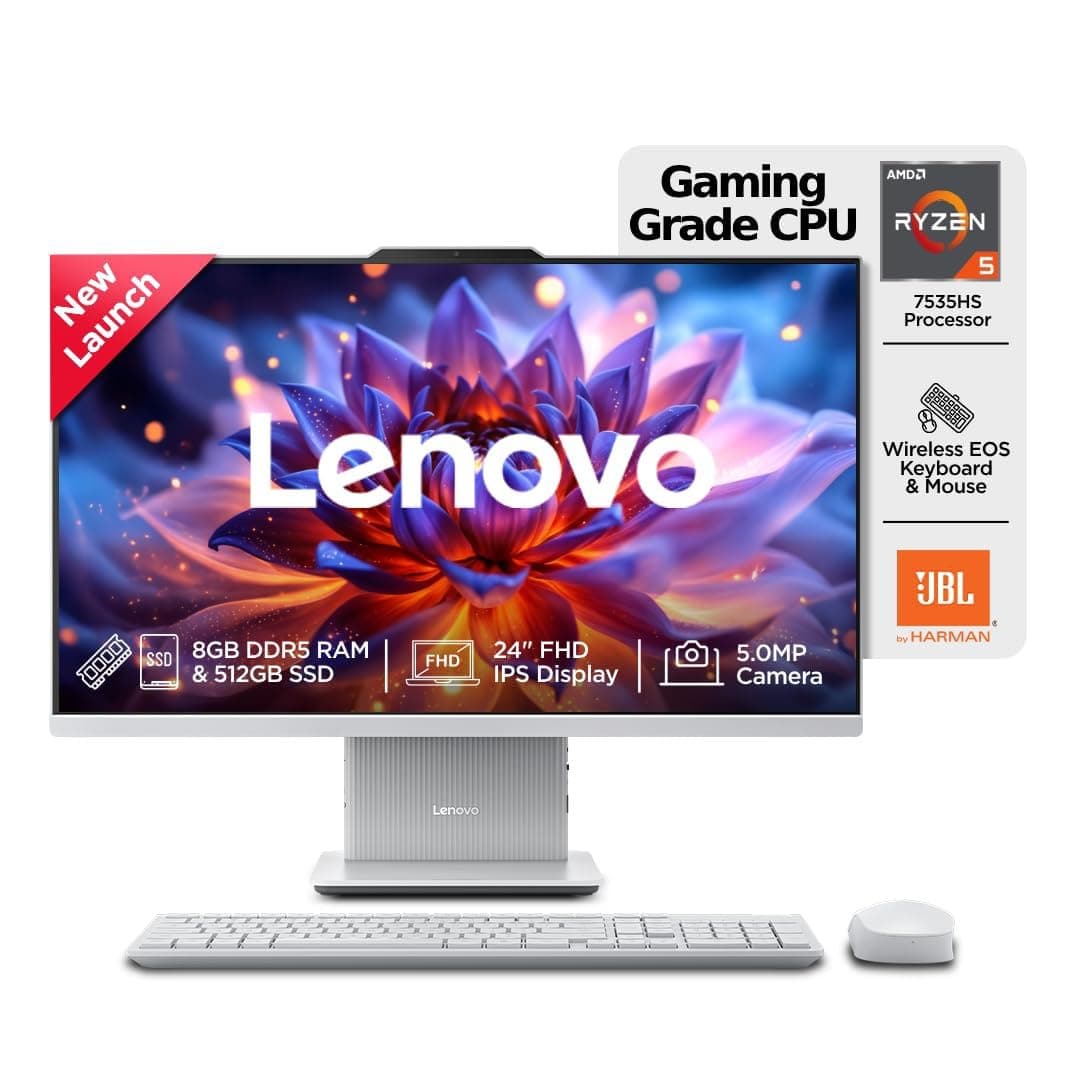 Lenovo IdeaCentre AIO Ryzen 5 7535HS 23.8" FHD IPS All-in-One Desktop (8GB RAM/512GB SSD/Win11/Microsoft 365 Basic + Office Home 2024/3Wx2 Speakers/5MP Camera/Wireless Keyboard & Mouse), F0HR009BIN