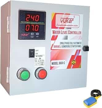 Vukar single phase fully automatic digital borewell submersible starter panel with dry run, overload protection and water level controller with dry ru...