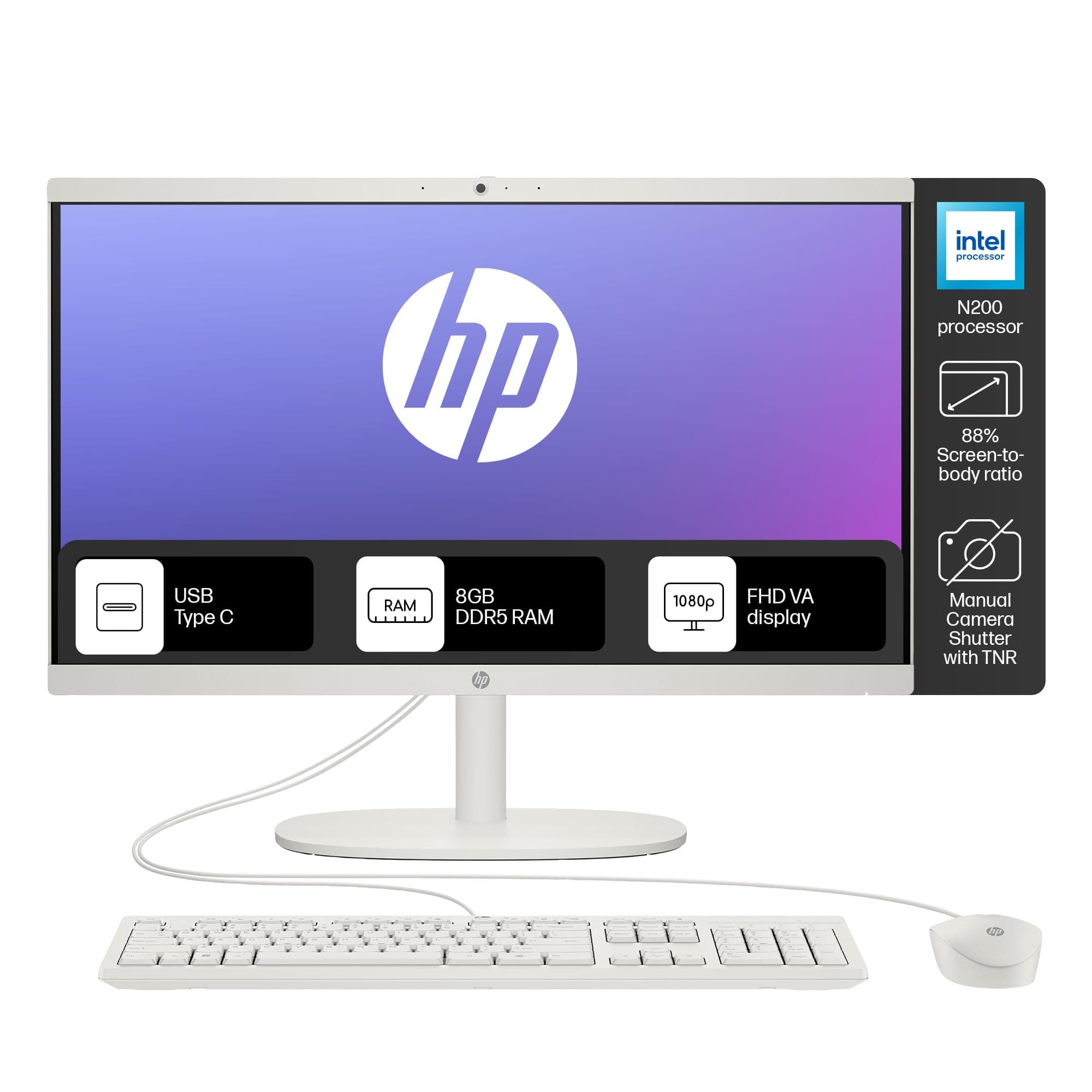 HP All-in-One PC, Intel Processor N200, 21.45-inch (54.5 cm), FHD, 8GB DDR5, 512GB SSD, Intel UHD graphics, 720p HD camera w/privacy shutter, Dual spe...
