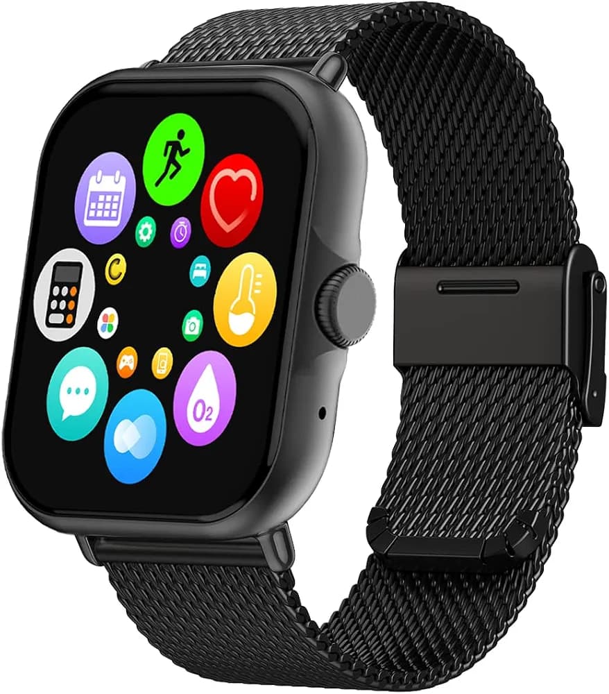 PTron Pulsefit P61+ 1.85" Full Touch Display Bluetooth Calling Smartwatch, Functional Crown, 580 NITS Brightness, Mesh Metal Strap, HR, SpO2, Watch Faces, Inbuilt Games & 5 Days Battery Life (Black)