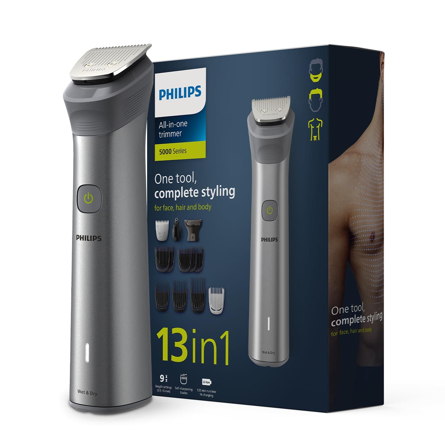 Philips New All in One Trimmer 13-in-1 Rechargeable Cordless Grooming Kit for Face, Head and Body for Men (120mins Runtime, Beard Sense Technology, Si...