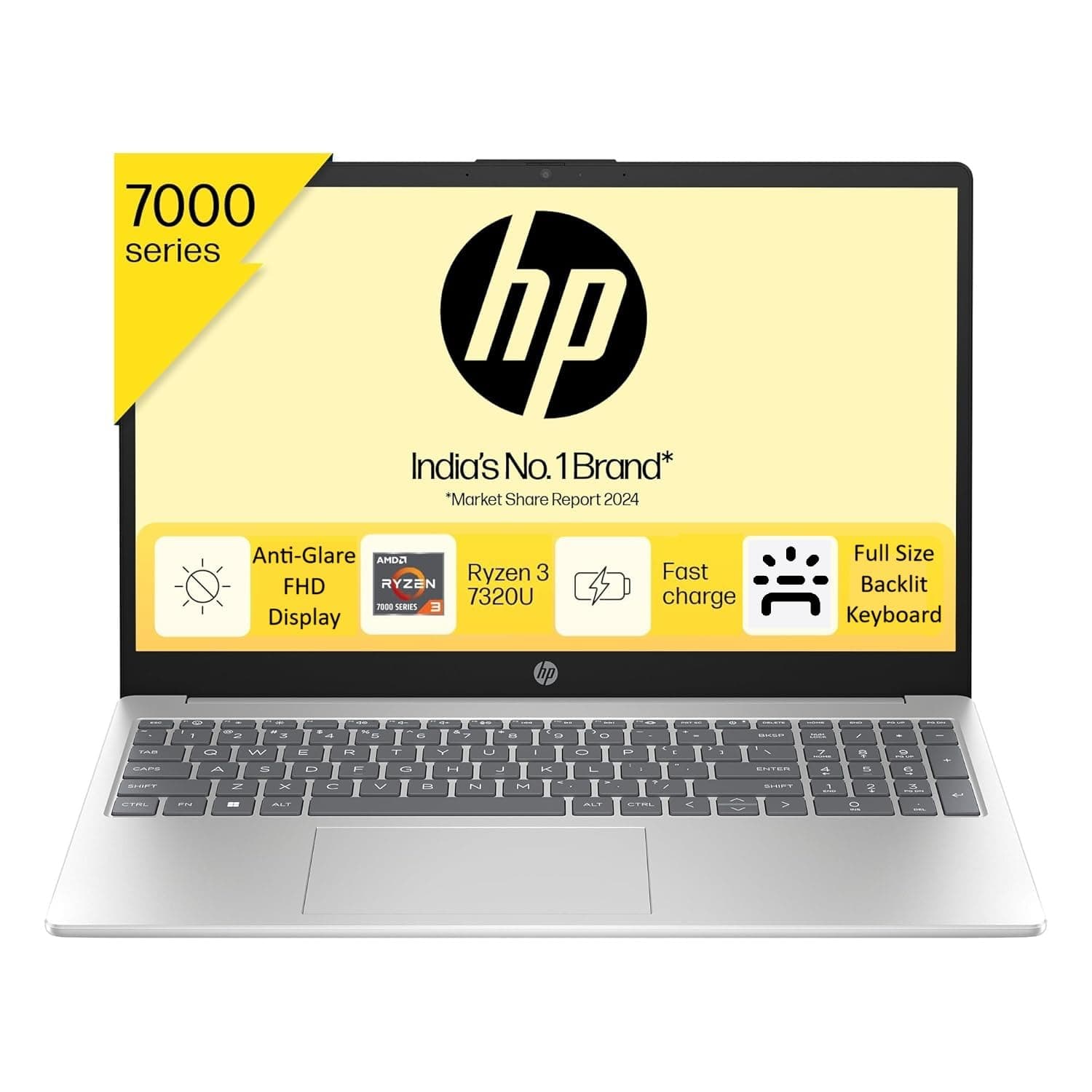 HP Laptop 15, AMD Ryzen 3 7320U, 15.6-inch (39.6 cm), FHD, 8GB LPDDR5, 512GB SSD, FHD Camera w/Privacy Shutter, AMD Radeon Graphics, Backlit KB (Win 11, MSO 2021, Silver, 1.59 kg), fc0026AU